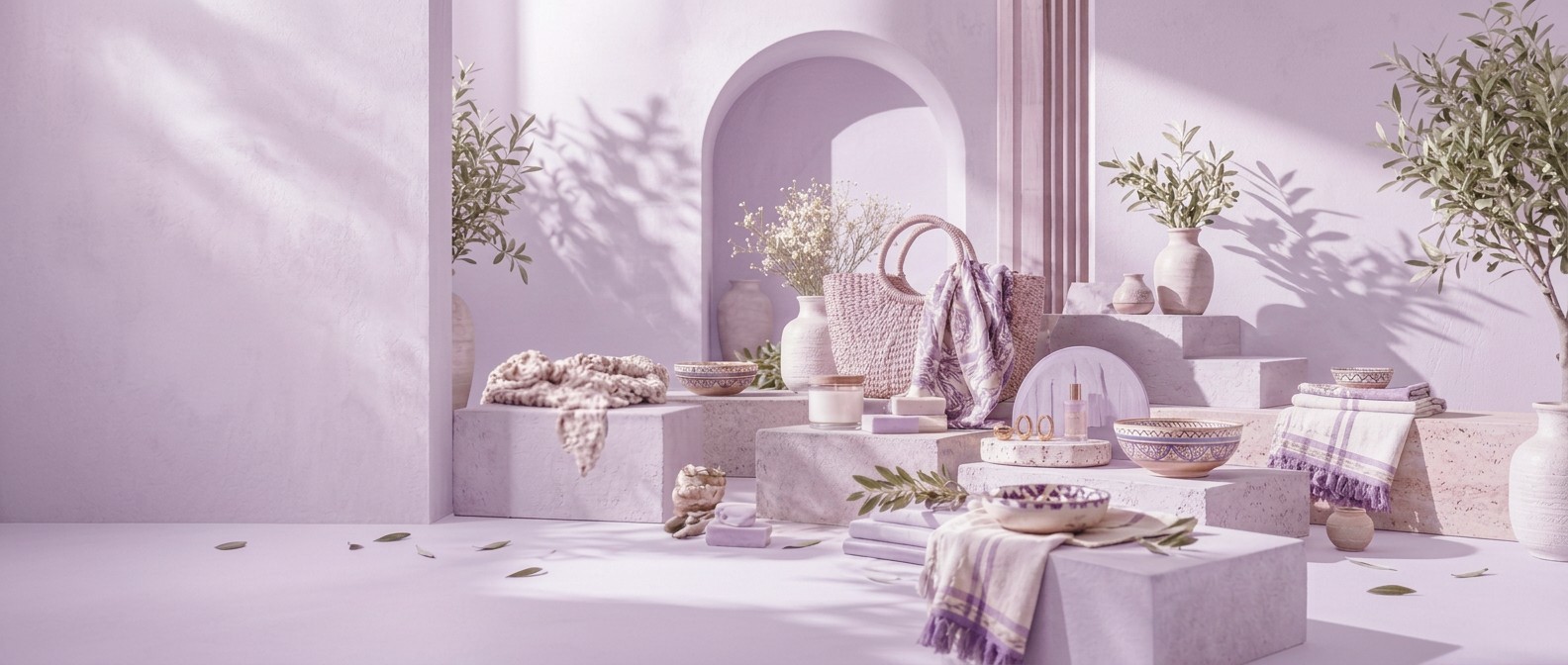 Handcrafted Egyptian goods styled on lavender pedestals: woven straw tote, ceramics, candles and olive branches